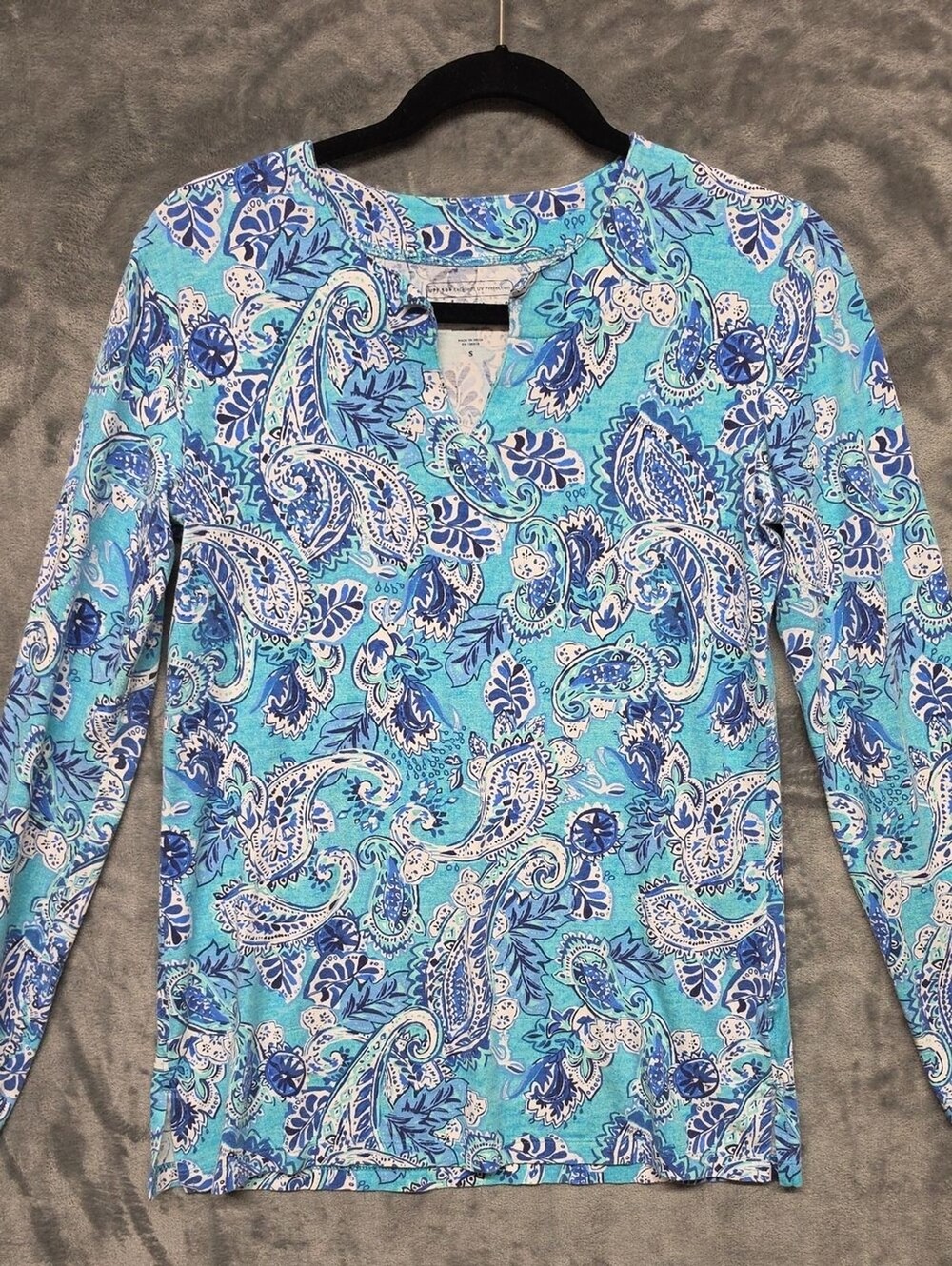 Coolibar Women's Long-Sleeve Paisley Top in Aqua and Navy